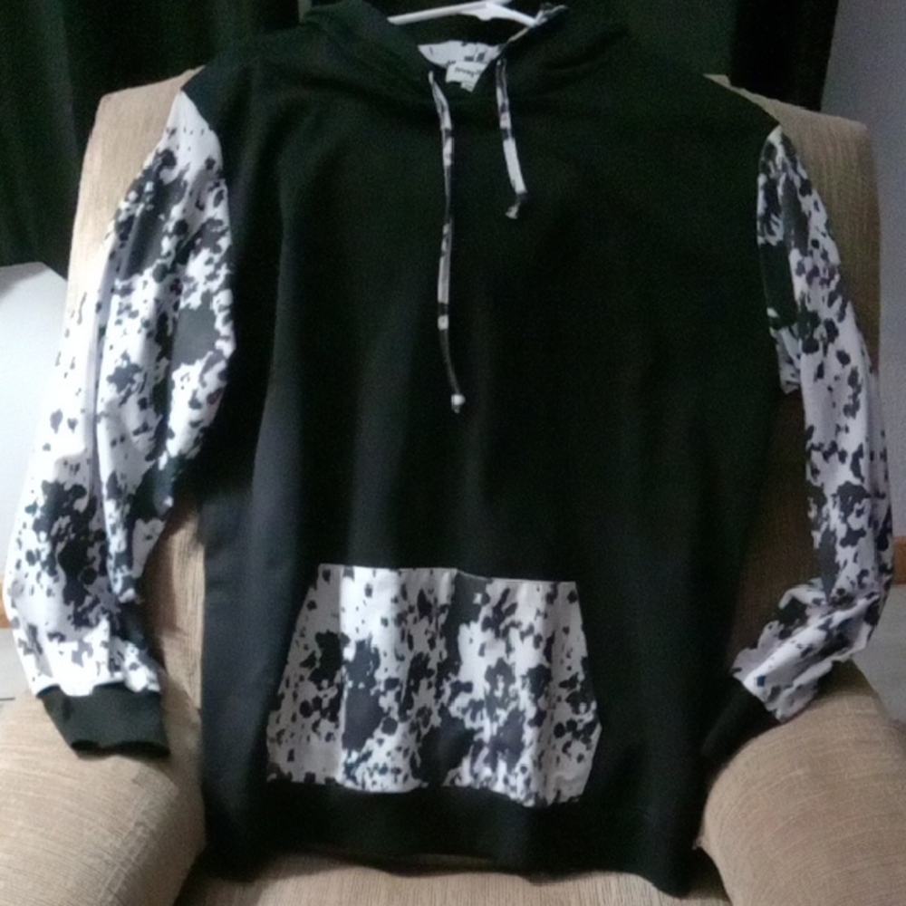 Black Pullover Hoodie with White/Black Patterned Accents